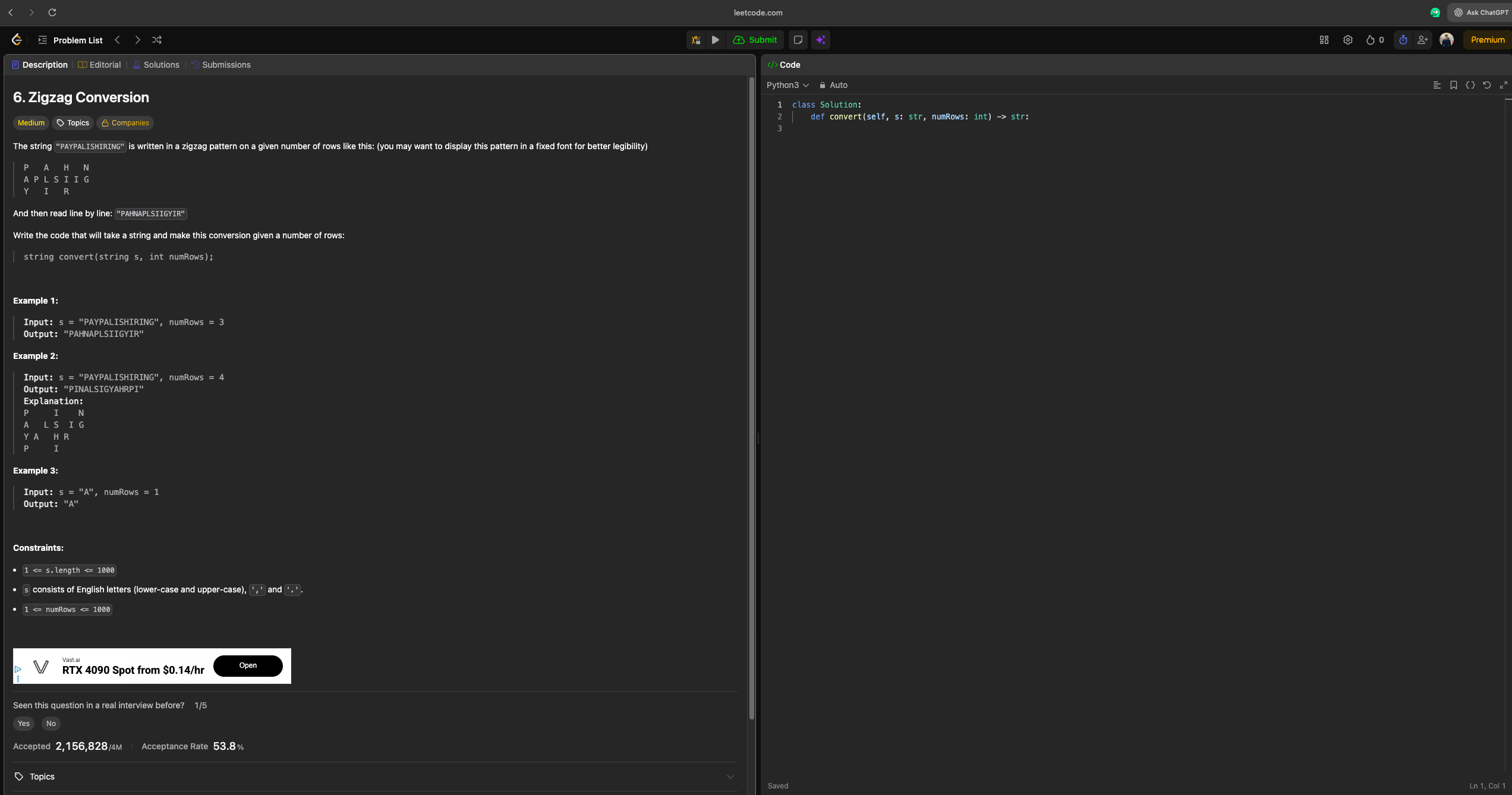 Same coding environment without Myna: a standard LeetCode problem and editor view, as a proctor or interviewer would see.